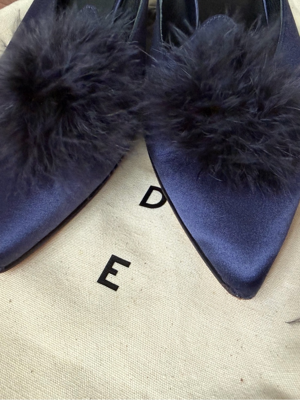 Trademark Navy Satin Feather Mules - Picture 6 of 9